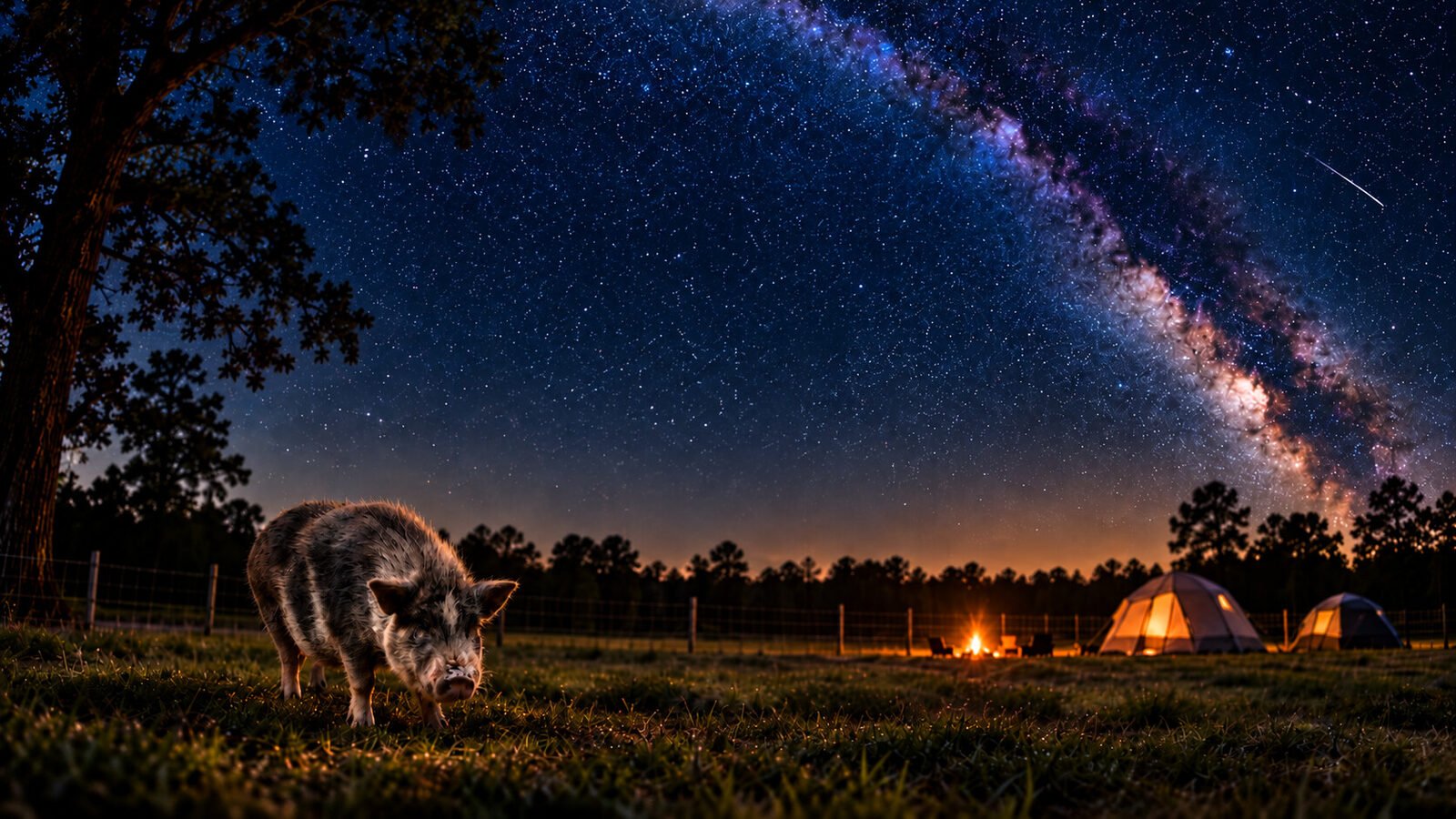 A pig in a nighttime field at Cotton Branch Refuge Project with tents, a campfire, and stars overhead.