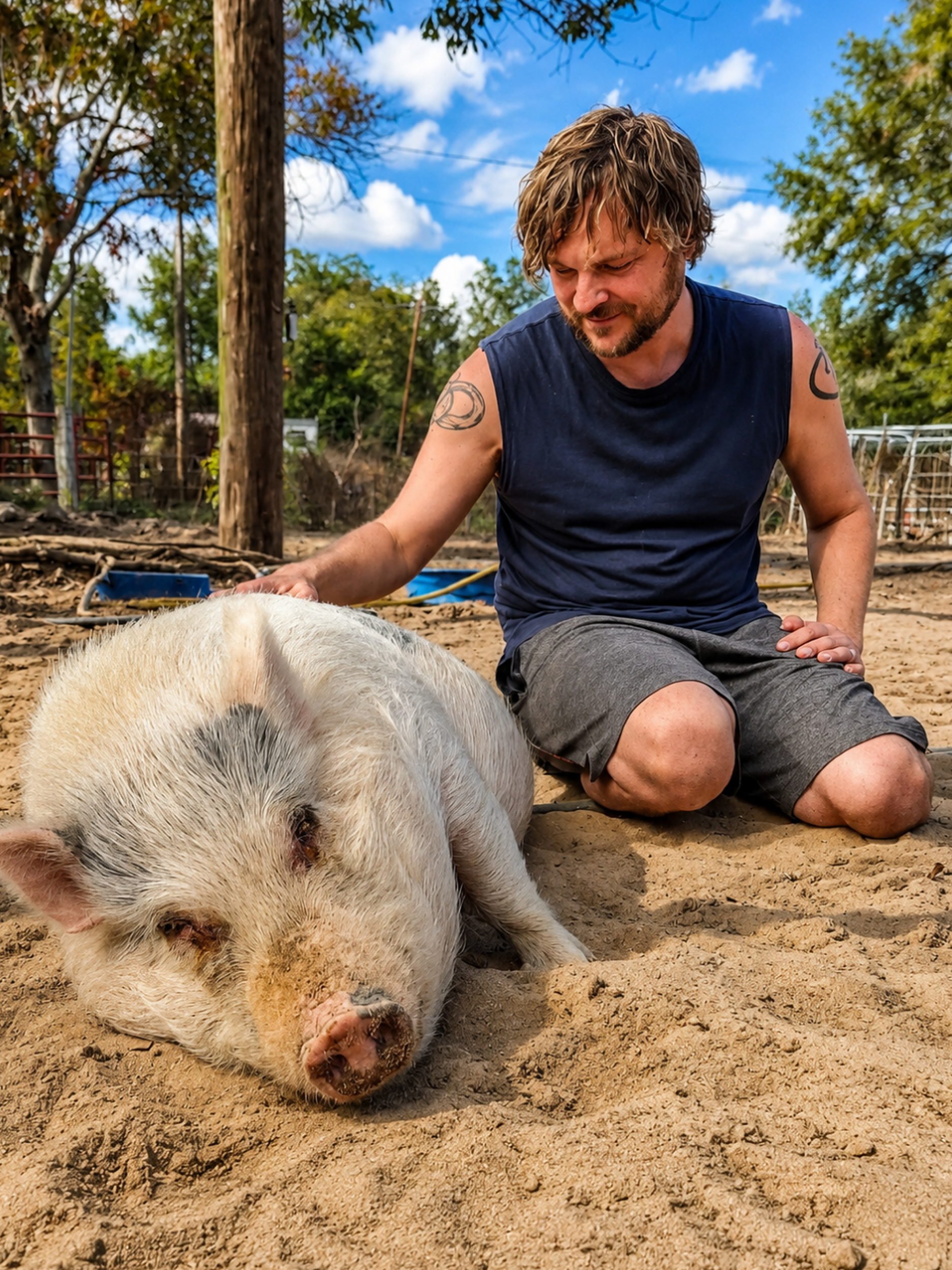 A man with short wavy hair and a beard kneeling on sandy ground, petting a sleeping pig. The man is wearing a sleeveless dark shirt and shorts, and has tattoos on his arms. The scene takes place outdoors with trees, a fence, and cloudy blue sky in the background.